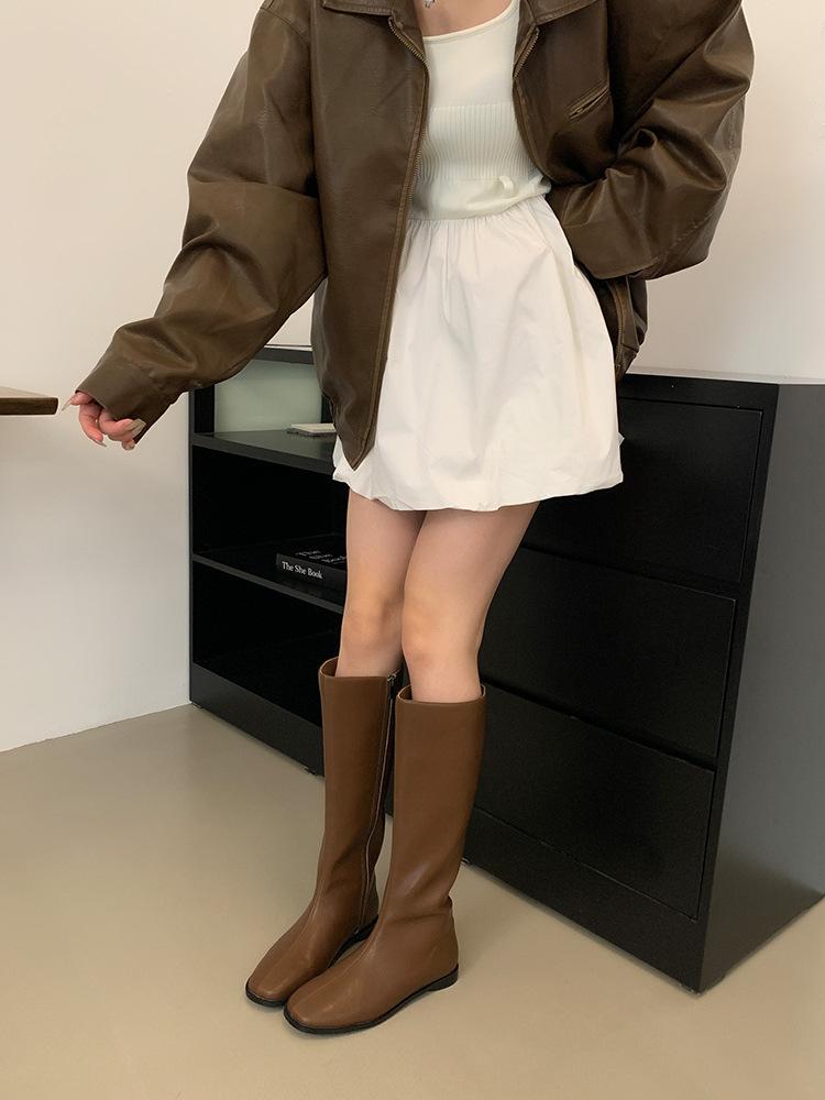 Retro Khaki Boots Women'S Shoes Autumn And Winter But Knee Round Head Flat Bottom Suede High Boots Women