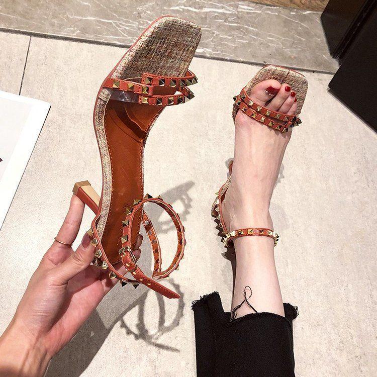 Rivet Roman high heels women's summer versatile temperament fashion stiletto 2025 new open-toed one-word buckle with sandals women