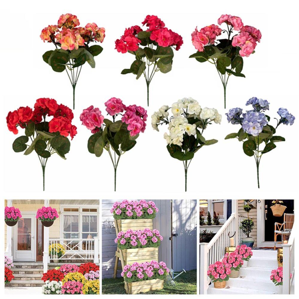 5-Head Design Artificial Geranium Flowers UV Resistant DIY Decoration Silk Geraniums Flower Simulated Flower