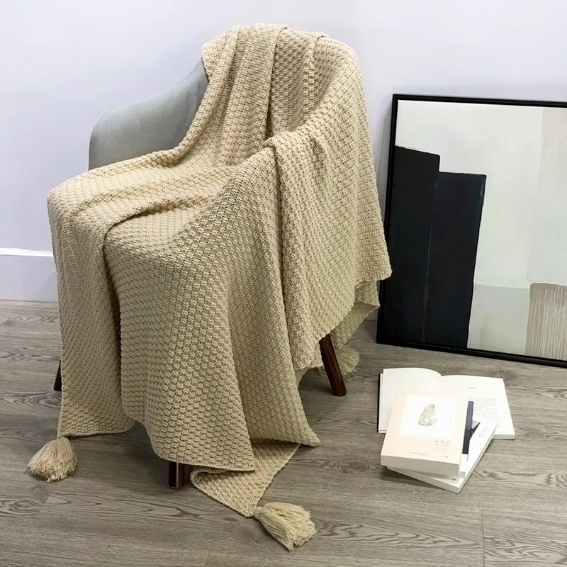 Nordic Knitted Tassel Wool Throw Blanket for Sofa or Office Naps