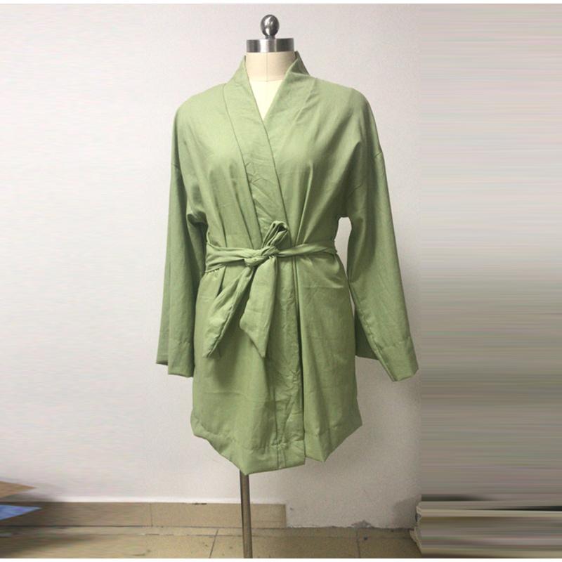 Women's Lace Up Mini Dress Spring Long Sleeve V-neck Cotton Linen Sashes Dresses Casual Loose Kimono Cardigan Dress