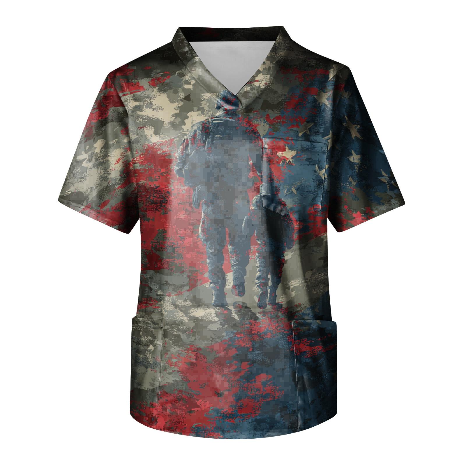 

Men s Work Shirt V Neck Pocket Comfortable Fit Daily Uniform Short Sleeve Patriotic Print Casual Workwear XXXL синий
