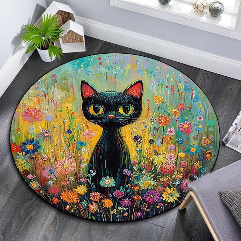Black Cat in Flowers Round Area Rug,Carpet Rug for Living Room Bedroom Sofa Playroom Decor,Non-slip Floor Mat
