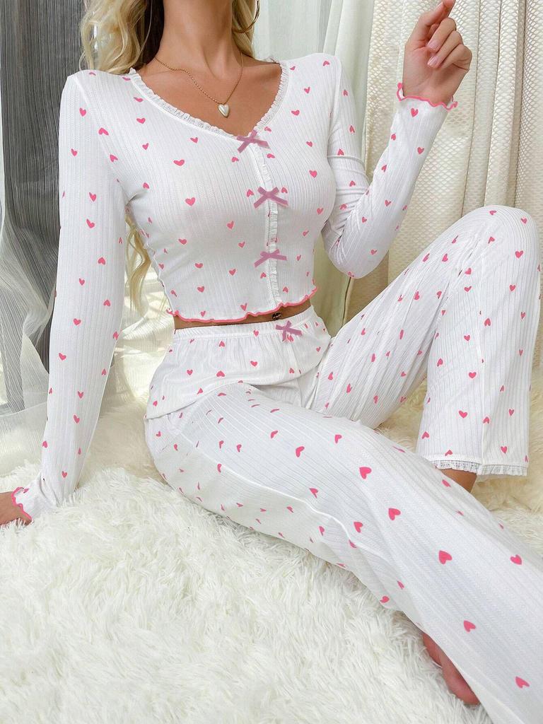 Heart Print V-neck Jacquard Pajama Set for Women - Long Sleeve & Pants