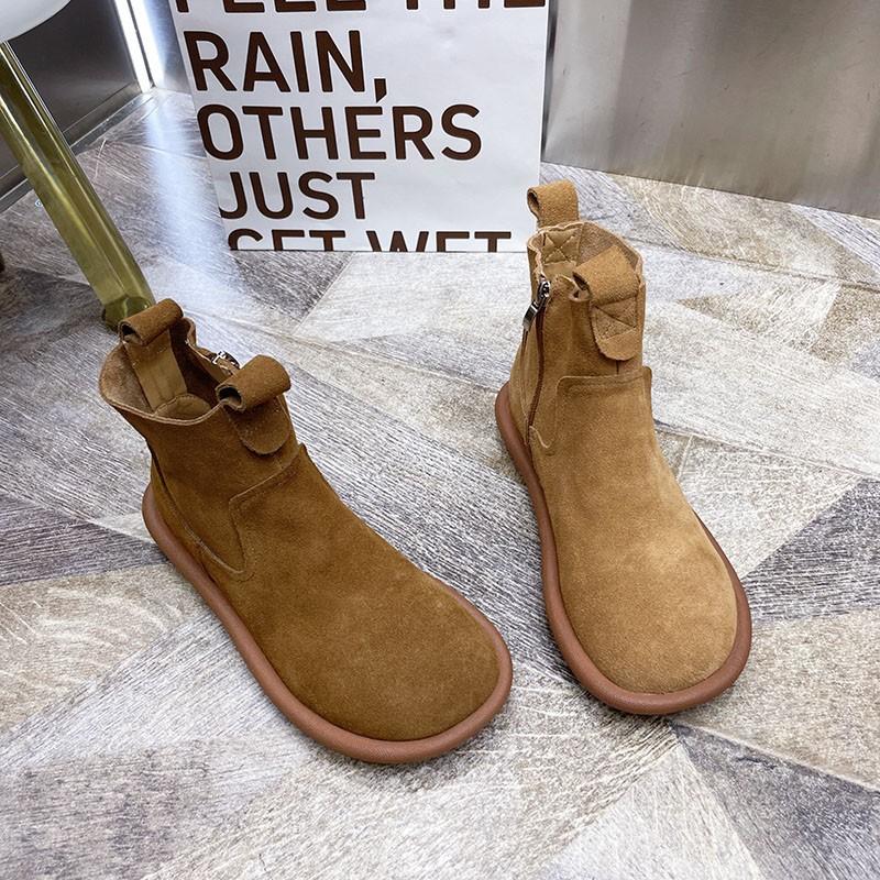 Mori Literary Suede Boots Women's Short Boots 2024 New and Bare Boots Side Zipper Martin Boots Flat-soled Short Cotton Shoes