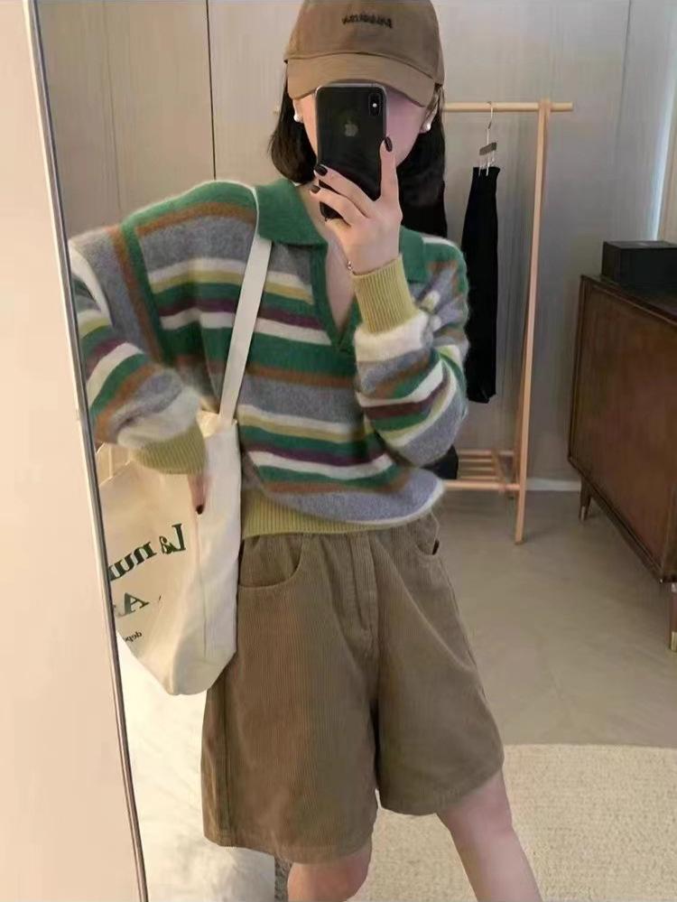Women's 100% Pure Wool Polo Collar Cashmere Sweater - Fashionable, Versatile, Loose, Color Block Stripe Knit Design