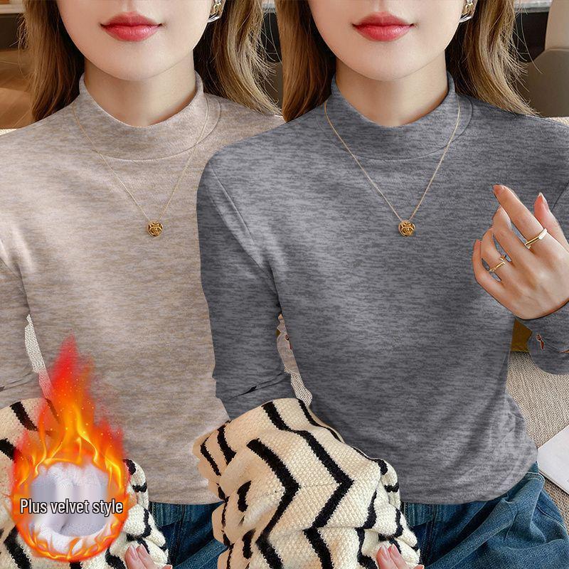 2025 Autumn Plus Size Slim Fit Long Sleeve Loose Base Layer Top for Women with Half High Neck