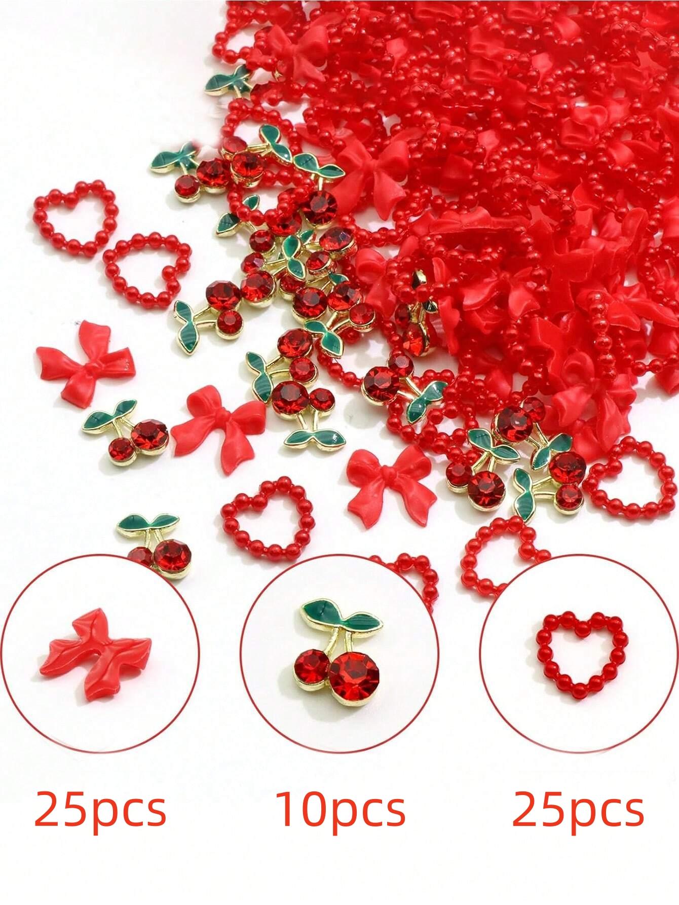 

60 шт. Шармы для ногтей в виде бантиков, красные акриловые плоские сердечки, украшения для ногтей, сплавные шармы-вишенки для ногтей, драгоценные камни и стразы, сделай сам для женщин, маникюр