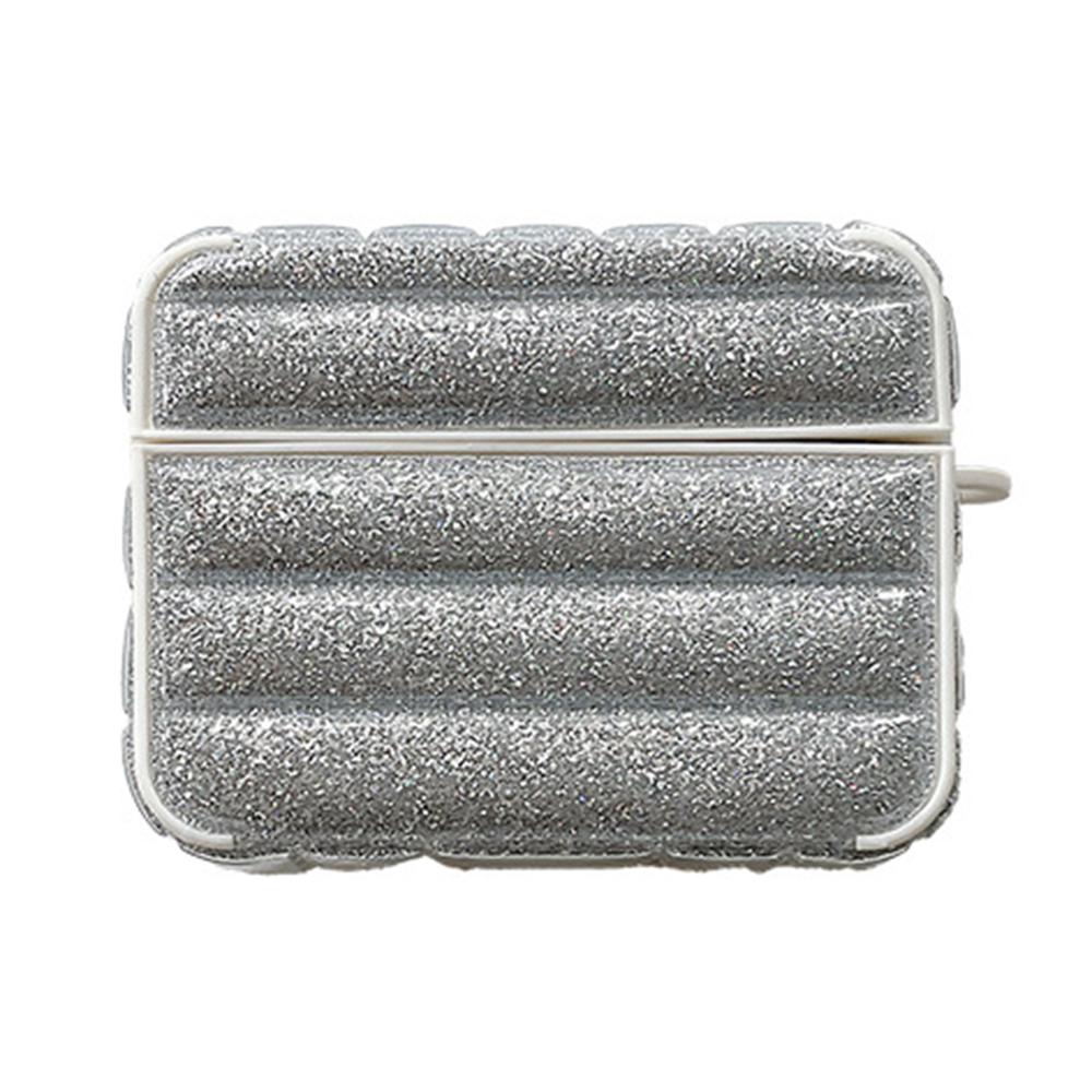 

For Apple AirPods 3 Glitter Case Down Jacket Design Leather+TPU Earphone Cover with Anti-Lost Buckle Silver