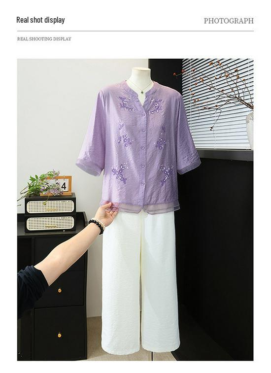 Summer 2026 Women's Artistic Embroidery V-Neck Patchwork Shirt
