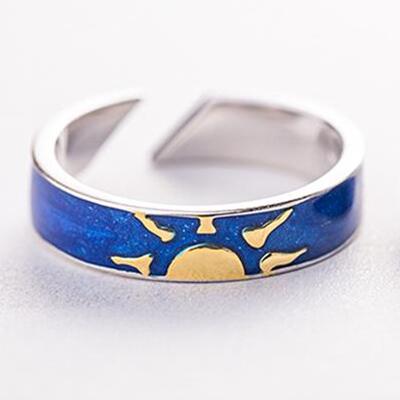 

New Beautiful Thinking About The Night Couple 925 Sterling Silver Jewelry Fashion Moon Sun Blue Van Gogh Opening Rings TYB518