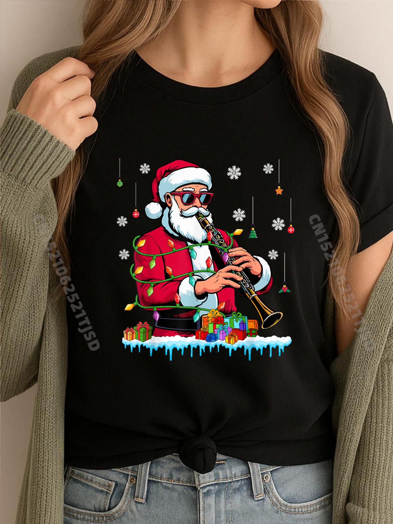 Santa Sunglasses Playing Clarinet Music Instruments Xmas Printed T-Shirt Luxury T-Shirt Tshirt Washed Oversized 4XL
