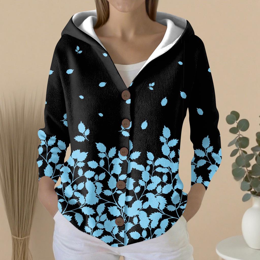 Women's Fashion Casual Sweater Button-Up Print Cardigan  Hooded Jacket