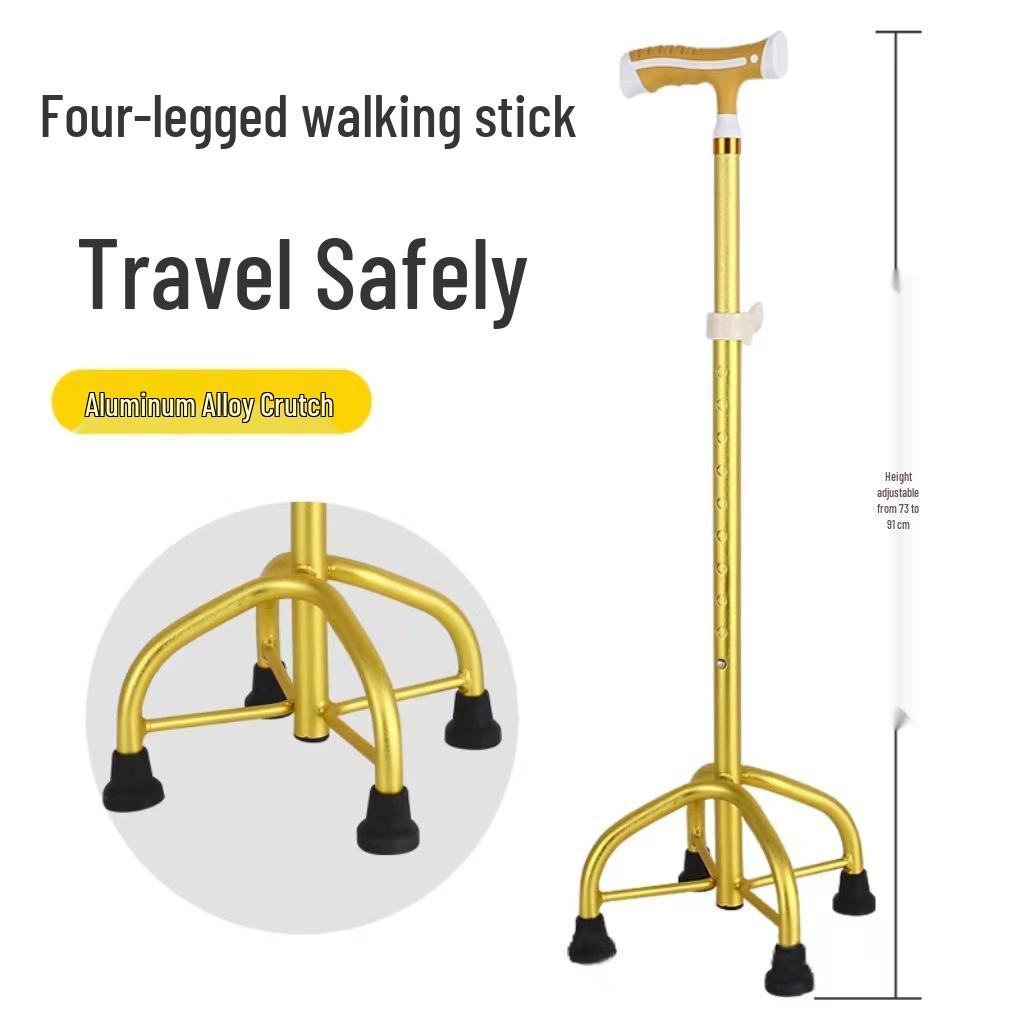 Adjustable Height Lightweight Aluminum Quad Cane with Non-Slip Base for Elderly