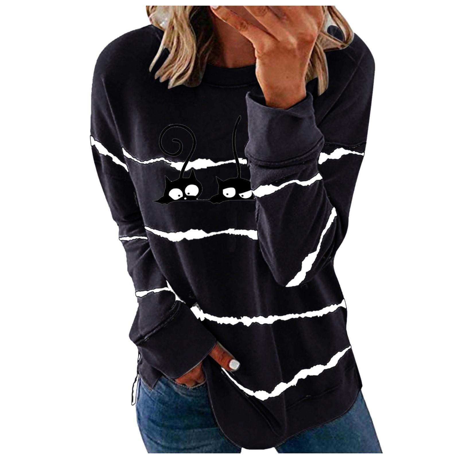 Women s  Pattern Print Long Sleeve Round Neck Sweatshirt T-shirt Tops XXL чёрный
