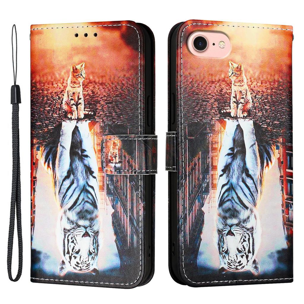 For iPhone 16e Leather Case with Strap and Card Holder Pattern Printing Phone Stand Cover