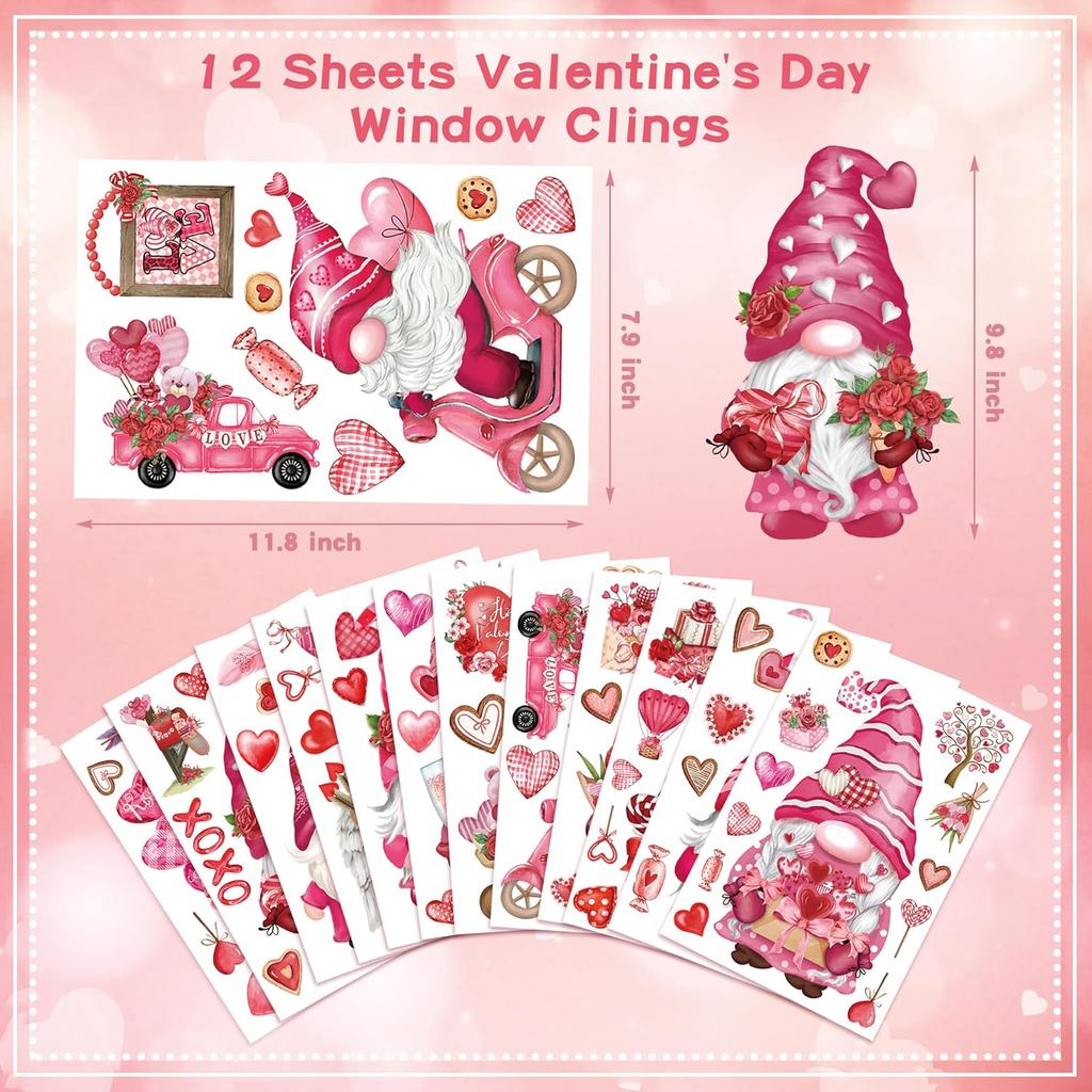 BORAMDO Valentine's Day Window Clings 12 Sheets, Happy Valentine's Day Gnome Decals Stickers, Removable Pink Decorations for Glass Windows, Holiday