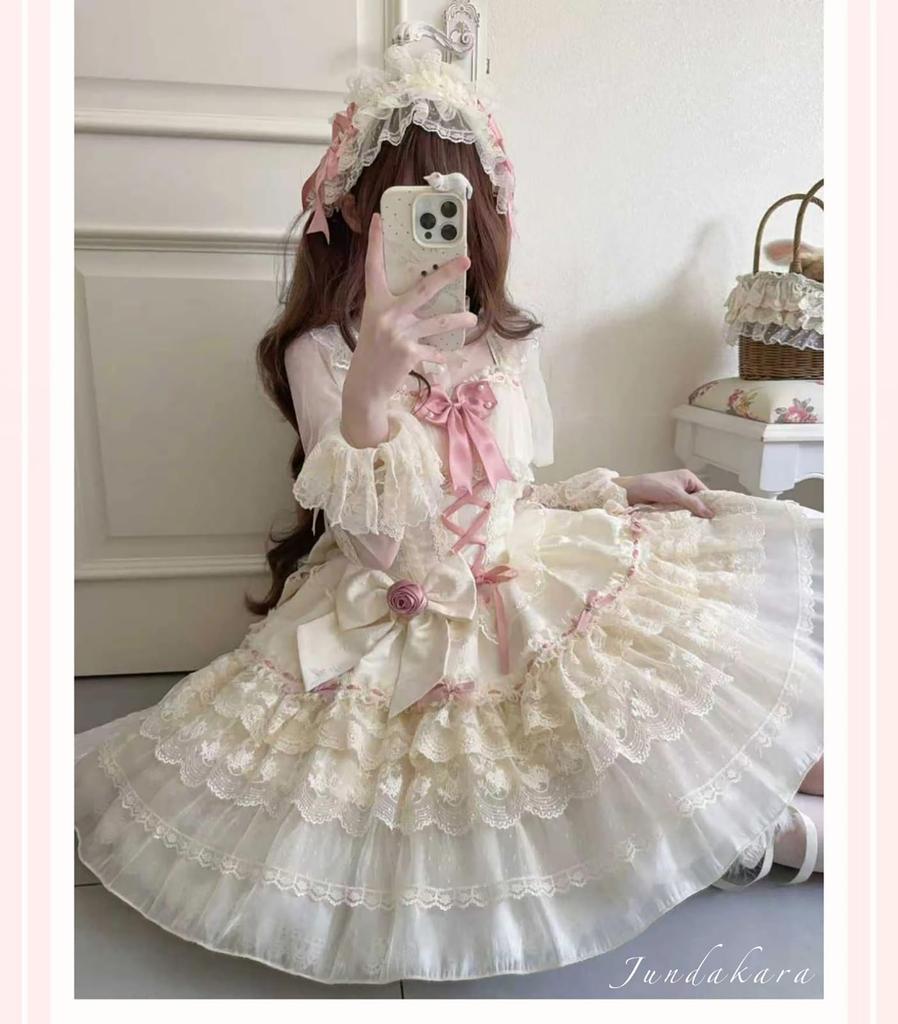 Jundakara Tiered JSK Jumper Skirt with and Perfect for or Palace Perfect for Mori Girl and Beige Women's Ribbons, Ruffles, Lace-Up Design, Cosplay,