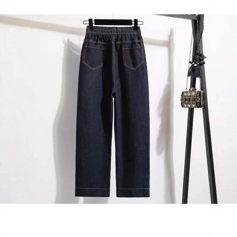 Retro Dark Blue Straight Leg Cropped Pants Jeans for Women Spring Elastic Waisted Wide Leg Pants