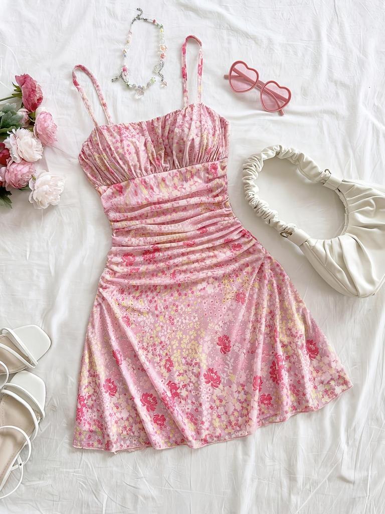 2025 Spring/Summer Floral Print Spaghetti Strap Dress: Waist-Cinching, Sexy Vacation Style for Women