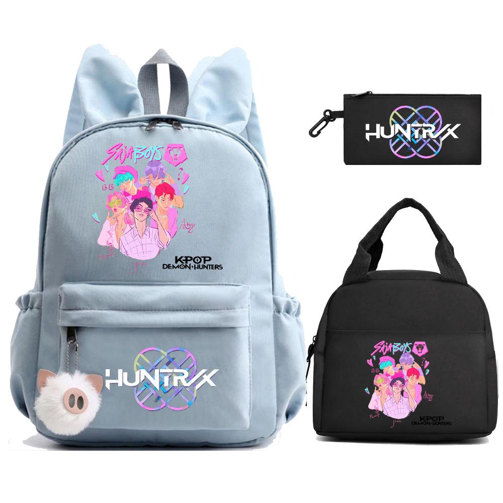 3Pcs/set K-Pop Demon Hunters Printed Backpack with Lunch Bag Pengcil Case for Teenager Girl Boy Back To School Bookbag Large Capacity Travel Bag