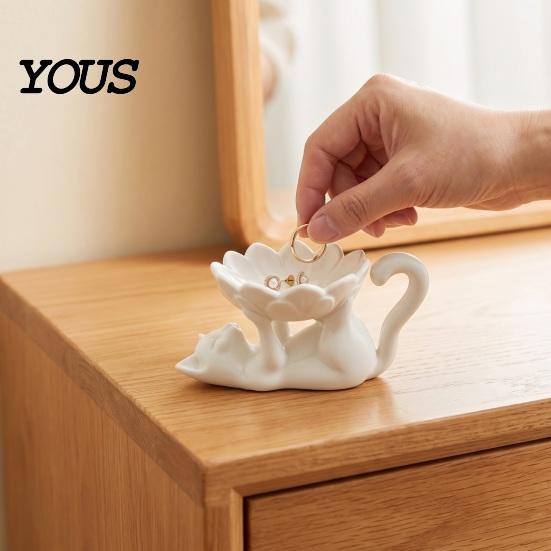 Unique Home Decor 3D Printed Lazy Lying Cat Lotus Jewelry Tray, Cute Figurine Office Desk Storage Trinket Dish, Desktop Catchall for Rings Earrings