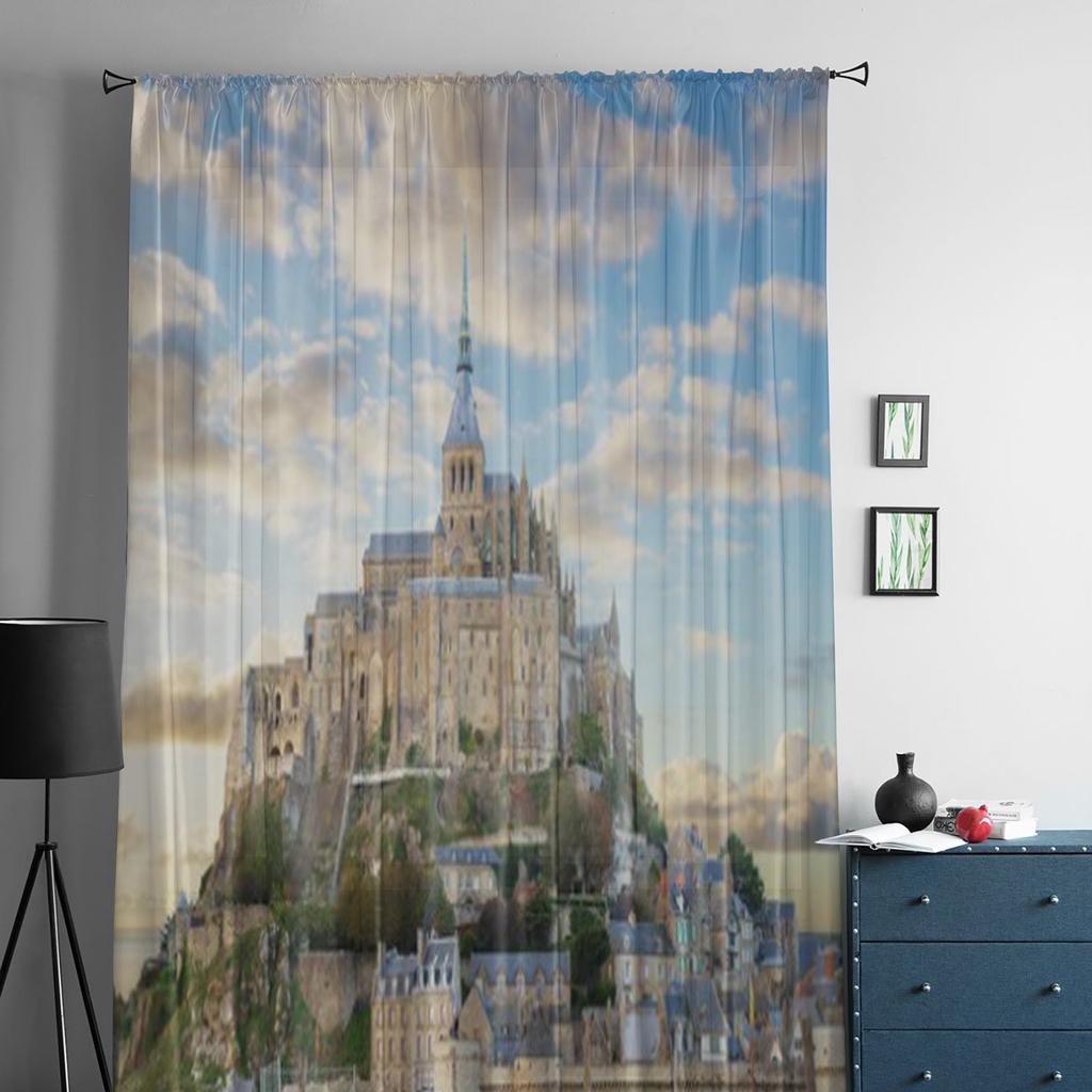 Nahaufnahme des Mont Saint Michel bei Sonnenuntergang in Frankreich, transparente Tüllvorhänge für Wohnzimmer, Küchendekoration, Voile-Organza-Vorhänge
