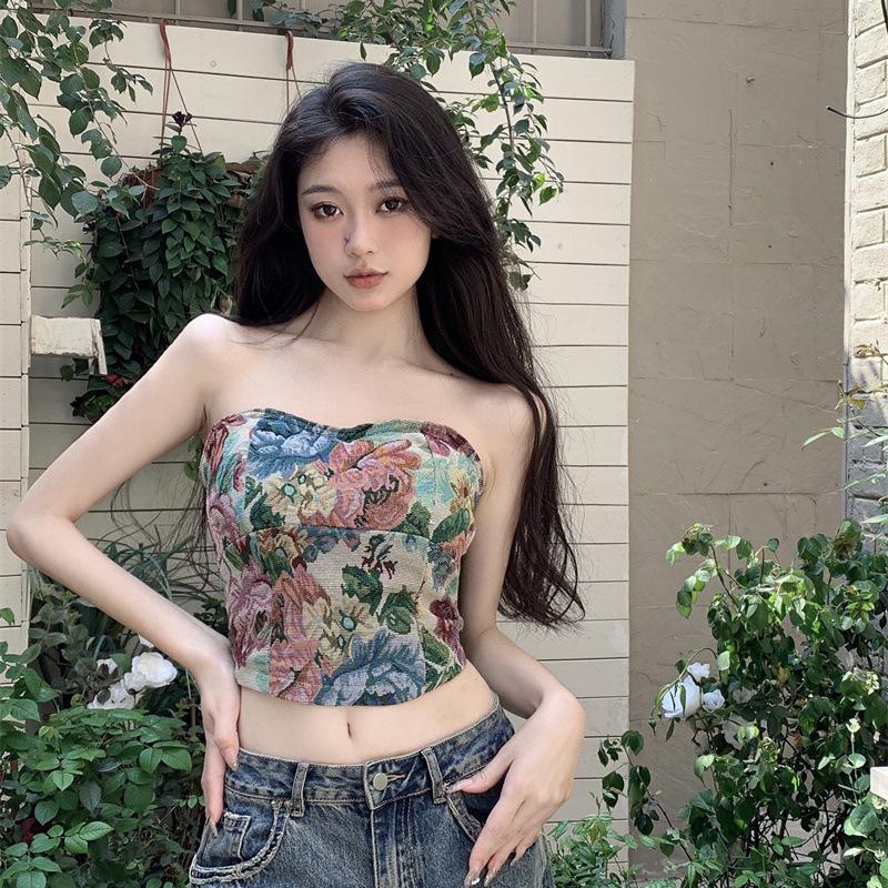 Spicy Girl Retro Floral Bandeau: Women's Sexy Open-Back Summer Top