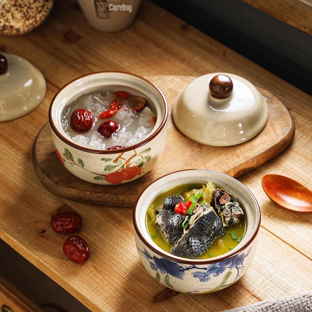 Chinese Retro Ceramic Single-Serve Stew and Soup Pot with Lid