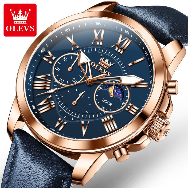 OLEVS Big Dial Roman Scale Quartz Watch For Men Waterproof Luminous Men's Hand Clock Moon Phase Original Fashion Man Watch