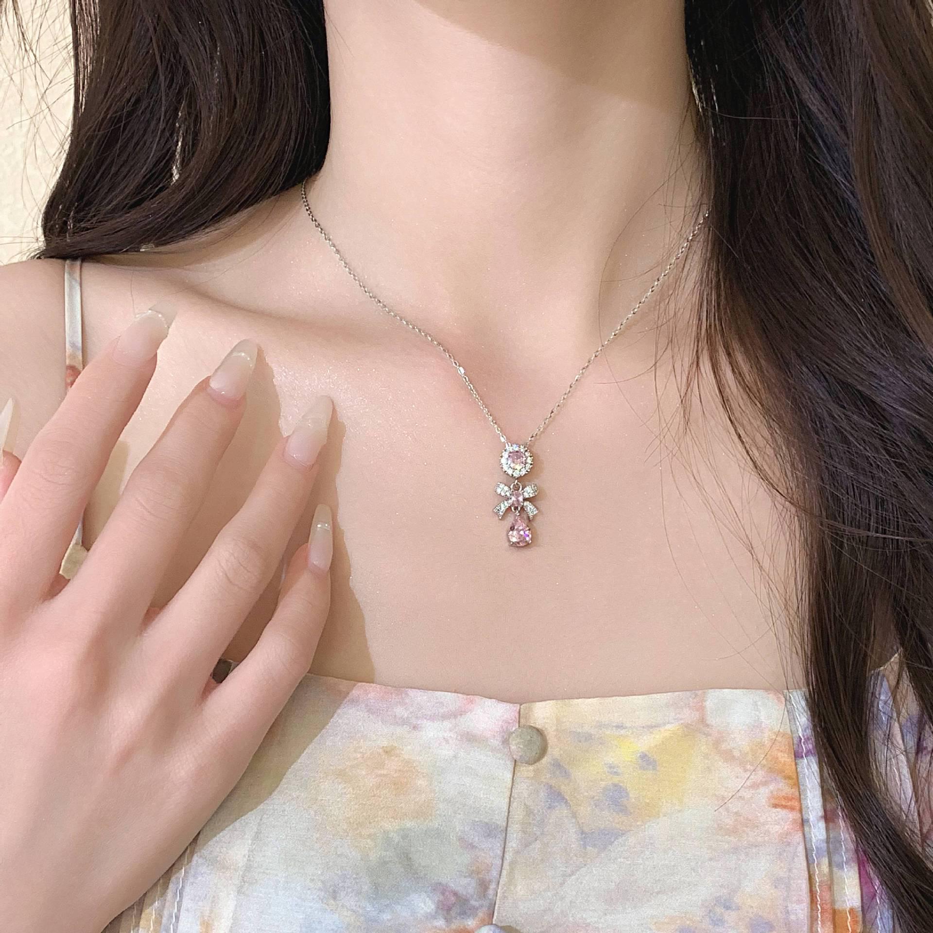 2024 Spring/Summer Pink Zircon Bow Water Drop Necklace for Women - Trendy Clavicle Chain Choker