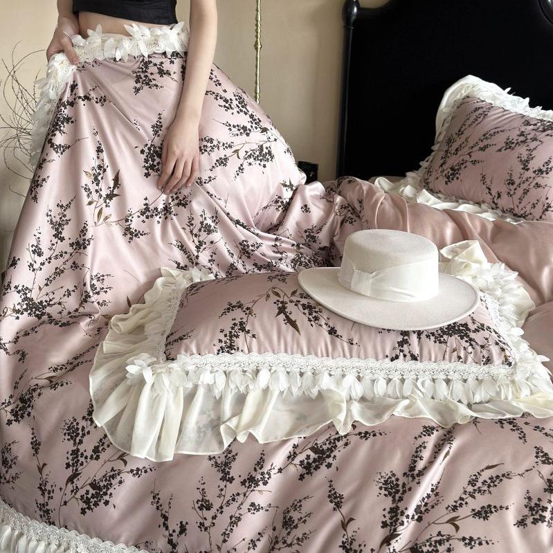 Tencel Cotton Bedding Four-piece Set Medieval Light Luxury Fashion Retro Chiffon Lace Printing Silky Smooth Quilt Cover Sheets