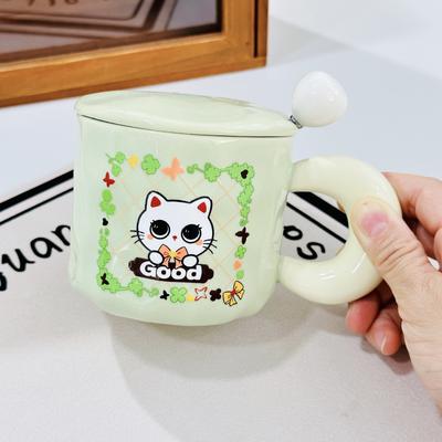 Geschenkbox Wasserbecher Katze Niedliche Keramiktasse Cartoon Hochwertiger Becher Hochwertiger einfacher Becher mit Deckellöffel