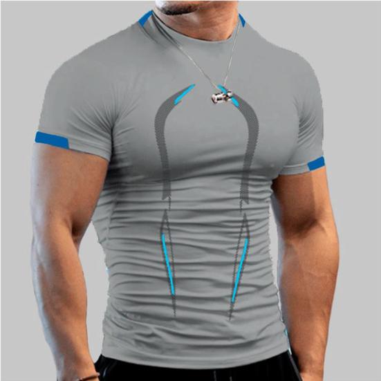 Camiseta Masculina Manga Curta Gola Meia Alta Estampada Costura Verão Corrida Compressão Streetwear