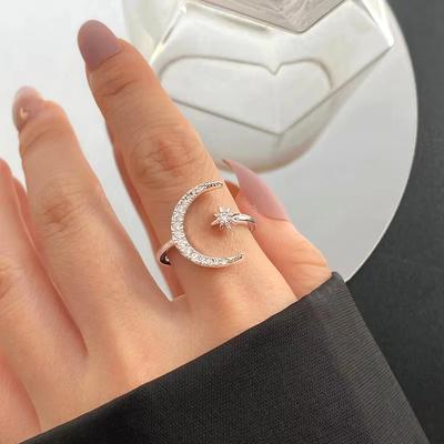 Huajie Charming Women's Dainty Shining Zirconia Moon Star Design Opening Rings Simple Casual Party Gift New Ring  Tide