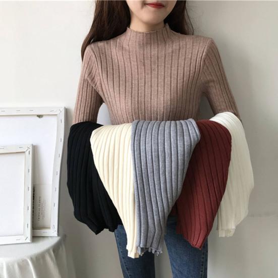 T-shirt moulant col semi-roulé manches longues tricot côtelé tops automne hiver chemise à superposer décontractée bureau soirée