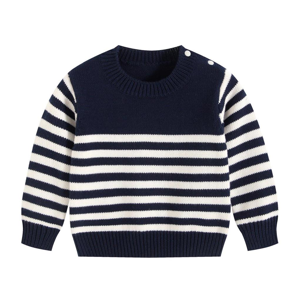 Frühling & Herbst Baby Baumwolle Knopf Strickpullover - Unisex Rundhals Streifen Oberteil