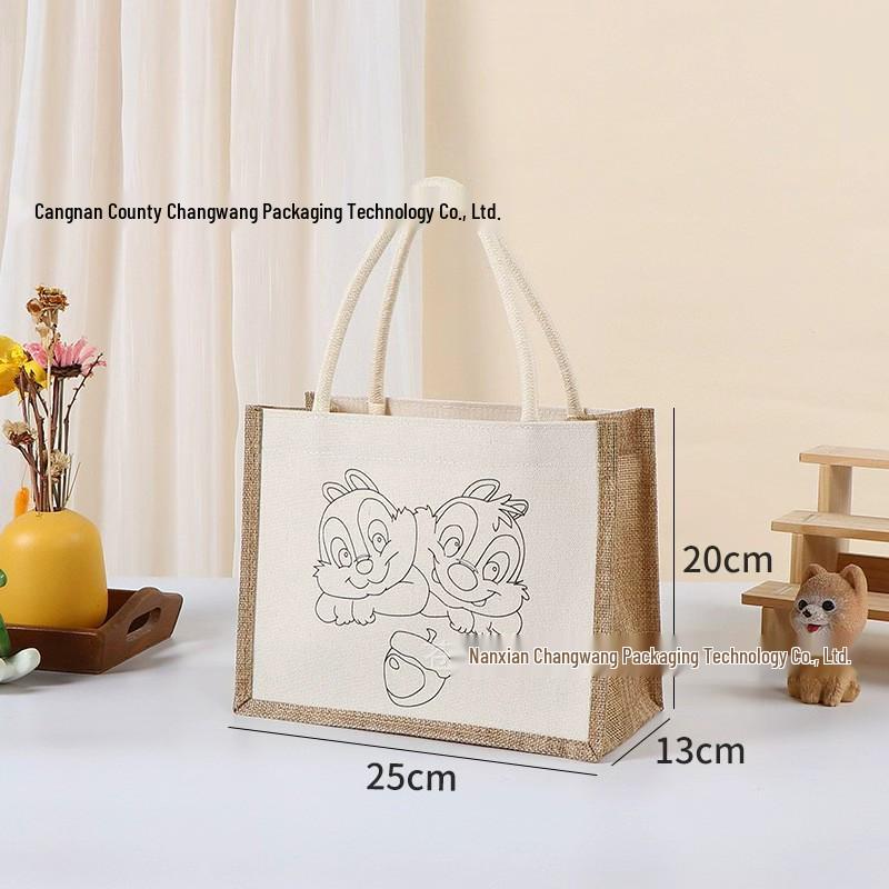 Hand-Painted Graffiti Canvas Tote Bag - Yellow Linen Logo Pattern