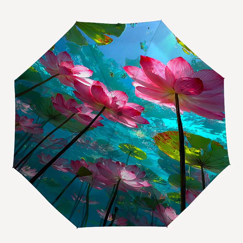1pc Lotus Pond Reflection Umbrella with Plastic Handle,Suitable for All Seasons UmbrellaPT445