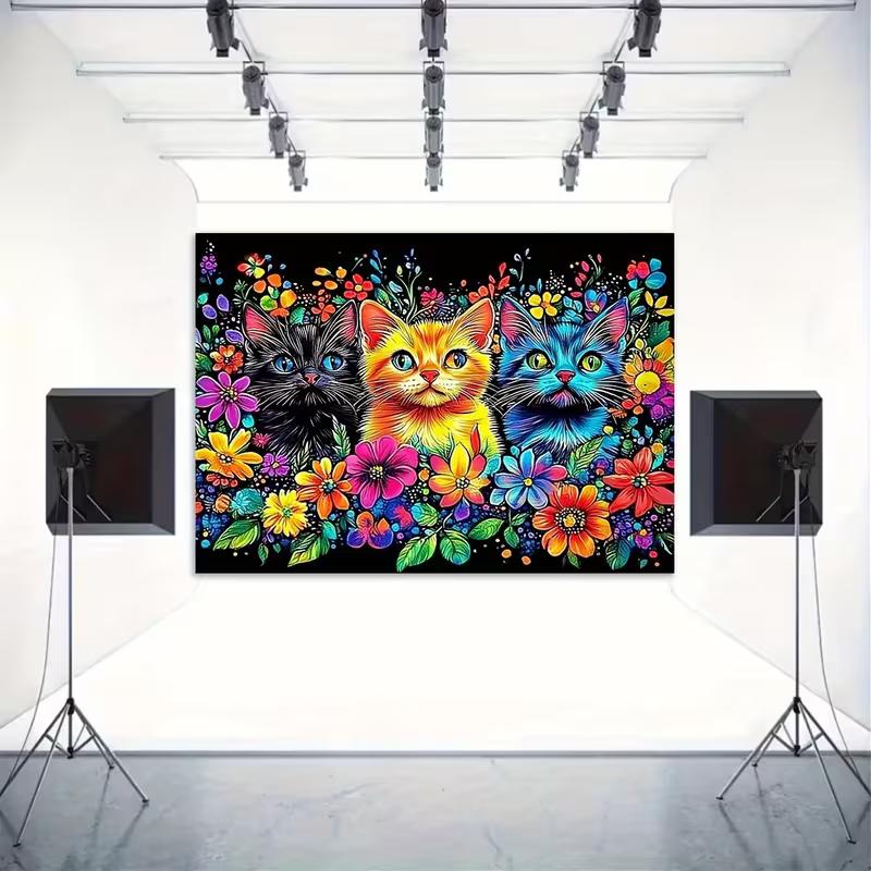 2D Colorful Kittens & Flowers Backdrop Cloth, Bright Art Photo Background