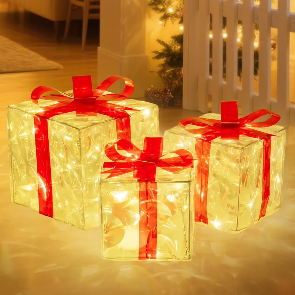3pcs Christmas Gift Box Light Transparent Gift Box with Red Strap+fairy Light String Indoor Decorative Light