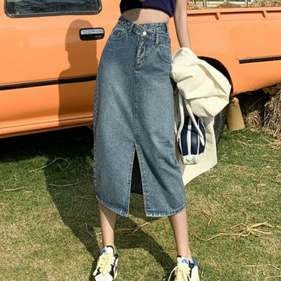 

Винтажная джинсовая юбка А-силуэта с высокой талией, разрезом и карманом 2XL синий