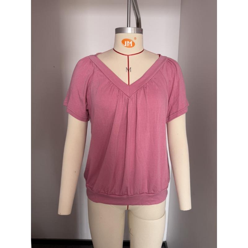 V-neck Pleated Loose Short Sleeved Women's T-shirts