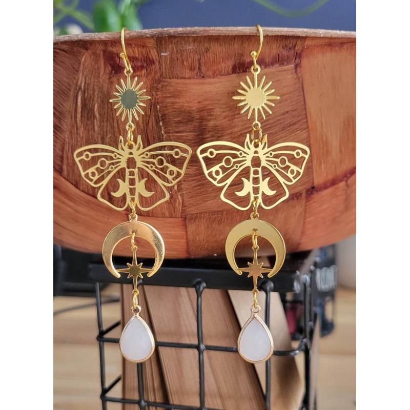 Bohemian Gold Moon & Sun Butterfly Pendant Earrings