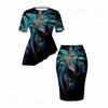 Women Plus Size Round Neck Short Sleeve Black Blue Printed Asymmetric Top And Fitted Skirt Two Piece Set