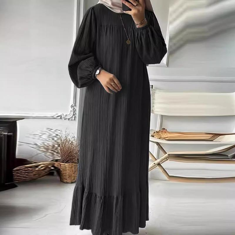 Damen Robe Frühling Herbst Kleid Mode Langarm Retro Langes Kleid Einfarbig Rüschen Saum Kleid