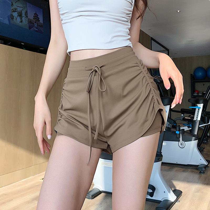 

Женские летние шорты для йоги: Сборки, Кулиска, Эффект двух предметов, Дышащая одежда для спортзала и фитнеса Large какао