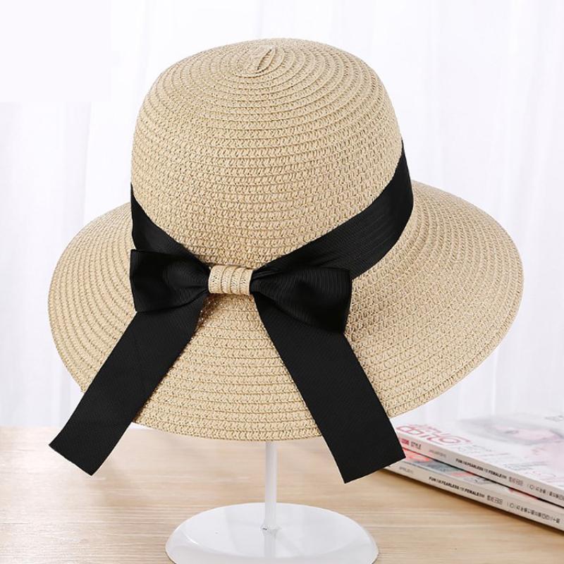 Elegant Hepburn Women Beach Sunshade Sun Hat  Summer Retro Sunscreen Hat Bow Fisherman Hat