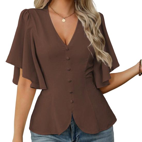 Damskie Bluzki Dekolt V Krótki Rękaw Motylkowy Jednorzędowa Koszula Miękki Elastyczny Design w Pasie Casualowa Bluzka Na Imprezę Wakacje Biuro Randkę