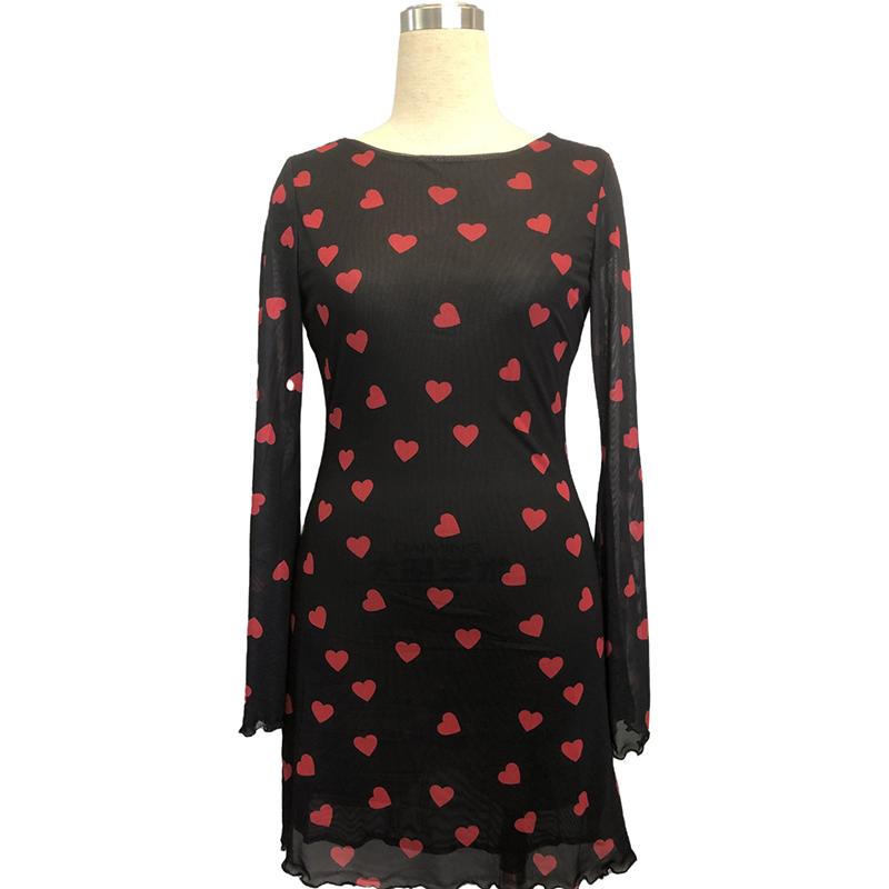 Women Evening Party Flare Sleeve O Neck Bandage Backless Mesh  Love Heart Printed Package Hip One Piece Dress